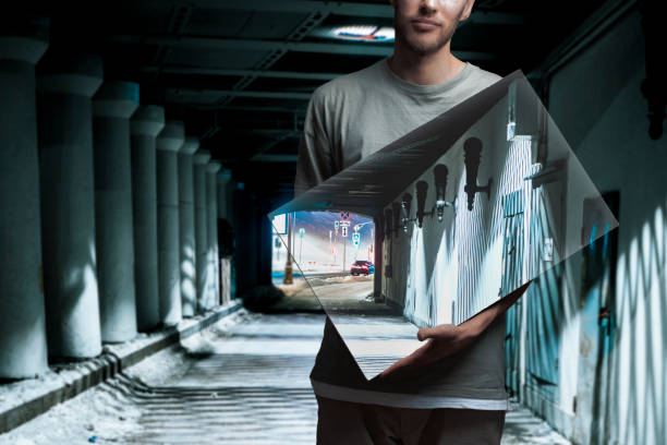 istock person holding a square frame with a backround painting, surreal creative concept 1423794179