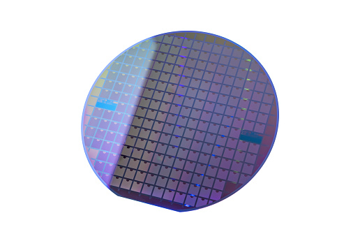 Silicon wafer with chips isolated on white background