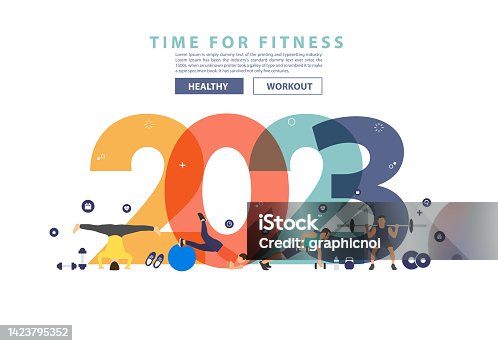 istock 2023 new year fitness ideas concept man workout gym equipment with flat big letters. Vector illustration modern layout template design 1423795352