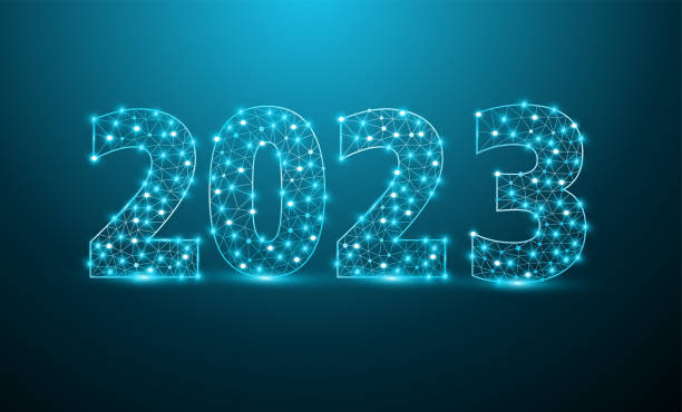 technologiekonzept 2023 neujahrstextgestaltung mit mesh stilvollen buchstabenzahlen, grafische hintergrundkommunikationsstruktur mit verbundenen punktlinien, vektorillustration - feiertag grafiken stock-grafiken, -clipart, -cartoons und -symbole