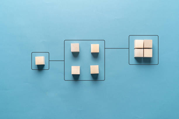 비즈니스 로직 알고리즘, 나무 큐브 사이의 라인 연결, 창조적 인 개념 - computer language solution algorithm diagram 뉴스 사진 이미지