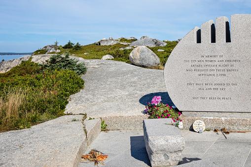 Peggy's Cove, Canada - August 29, 2022. Monument near Peggy's Cove, commemorating those who perished when Swiss Air Flight 111 crashed into the nearby Atlantic Ocean.