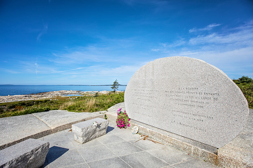 Peggy's Cove, Canada - August 29, 2022. A monument near Peggy's Cove commemorates the lives of those who perished when Swissair Flight 111 crashed into the nearby Atlantic Ocean.