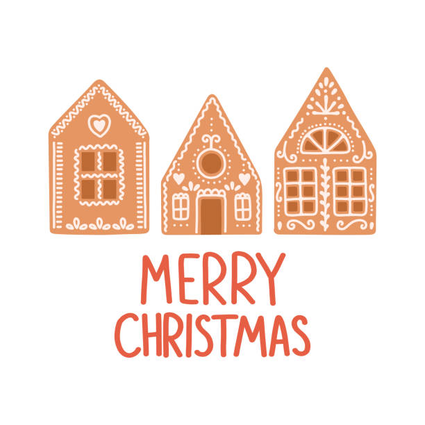 Merry Christmas gingerbread house lettering flat isolated vector illustration Merry Christmas gingerbread house lettering flat isolated vector illustration gingerbread house cartoon stock illustrations