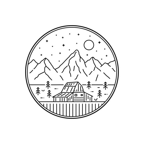 illustrazioni stock, clip art, cartoni animati e icone di tendenza di illustrazione di grand teton in stile mono linea artistica per distintivi, emblemi, toppe, t-shirt, ecc. - teton range illustrations