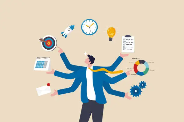 Vector illustration of Project management, strategic plan to manage resources for development, working process and schedule, task completion concept, smart businessman project manager manage multiple project dashboards.nt