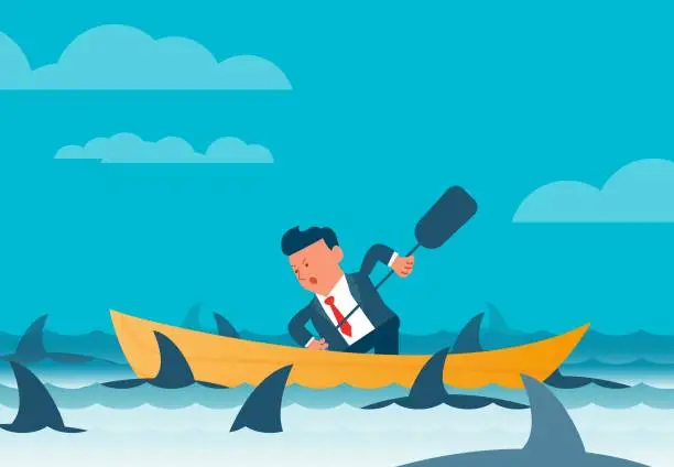 Vector illustration of Adventurous businessman overcoming difficulties or crisis, entrepreneurial spirit, ambitious businessman rowing ahead among sharks in ocean