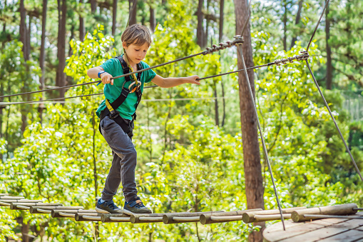 Portrait of cute little boy walk on a rope bridge in an adventure rope park.
