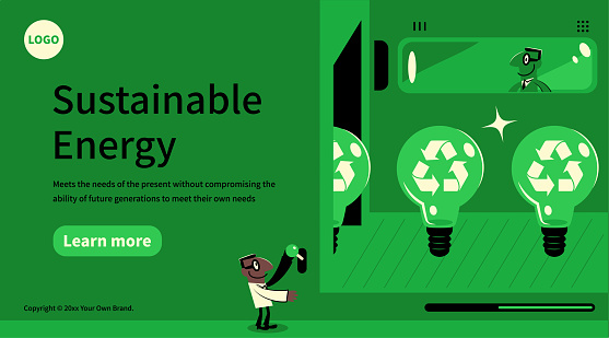 Characters Design Vector Art Illustration.
Slide or landing page layout.
In the concept of sustainable energy and environmental protection, engineers or scientists work in a factory with a production line that shows a row of great idea light bulbs with a recycling symbol.
