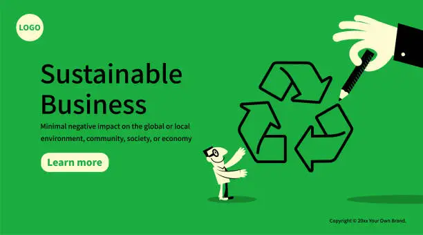 Vector illustration of In the concept of sustainable business and environmental protection, a big hand draws a recycling symbol to a businessman