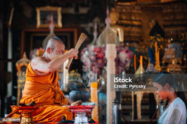 Buddhist Monk Giving Blessing Stock Photo - Download Image Now - Luck, Temple - Building, Wat