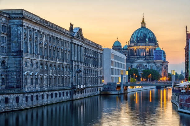 The river Spree in Berlin after sunset stock photo