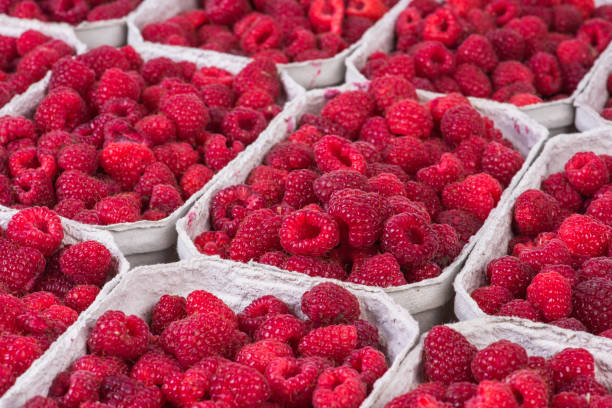istock Raspberries in cardboard box on stall 1423819553