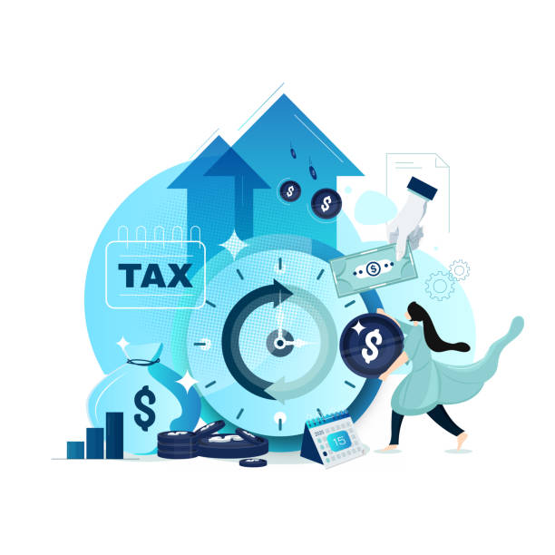 ilustrações de stock, clip art, desenhos animados e ícones de concept tax payment. data analysis, paperwork, financial research report and calculation of tax return. - tax tax form refund financial advisor