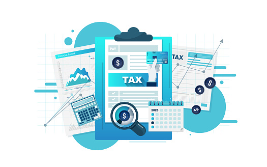 Office Desk with Documents for Tax Calculation. Finance Report with Graph Charts. Calendar show Tax Payment Date. Accounting and Financial Management Concept.