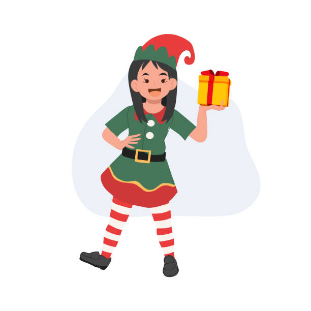 istock Cute young christmas elf girl with present box. vector illustration 1423822248