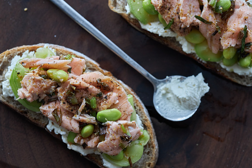 Delicious Brunch Toast: wholegrain bread, salmon and beans
