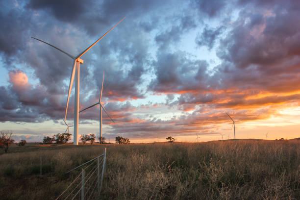 wind farm bei sonnenuntergang - erneuerbarkeit stock-fotos und bilder