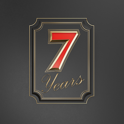 Red inscription  seven years (7 years) with gold edges on a dark background with gold edging. Anniversary number template elements for your birthday party. 3D illustration