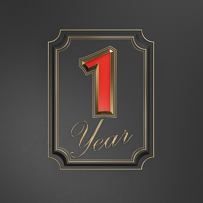 Red inscription  one year (1 year) with gold edges on a dark background with gold edging. Anniversary number template elements for your birthday party. 3D illustration