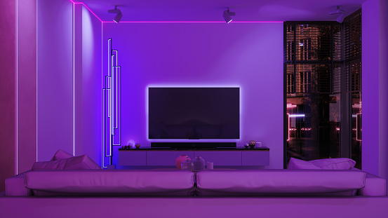 Modern Living Room Interior With Sofa And Television Set At Night With Neon Lights