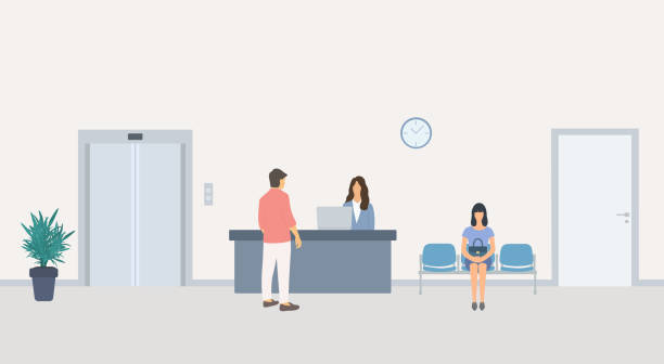 ilustrações, clipart, desenhos animados e ícones de sala de espera no hospital ou no escritório com a jovem esperando hora de consulta. recepcionista mulher conversando com jovem na recepção - entrance test