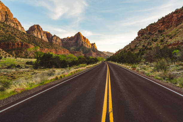 Highway road in Zion National Park stock photo