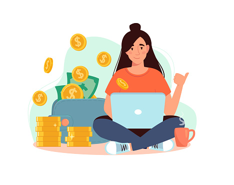 Freelancer at the laptop, from which gold coins are pouring into a wallet with dollars. Rich woman works at home. Girl and big income, earn money online.  Vector illustration flat,isolated background