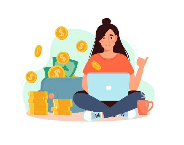 Vector illustration of Freelancer at the laptop, from which gold coins are pouring into a wallet with dollars. Rich woman works at home. Girl and big income, earn money online.  Vector illustration flat,isolated background