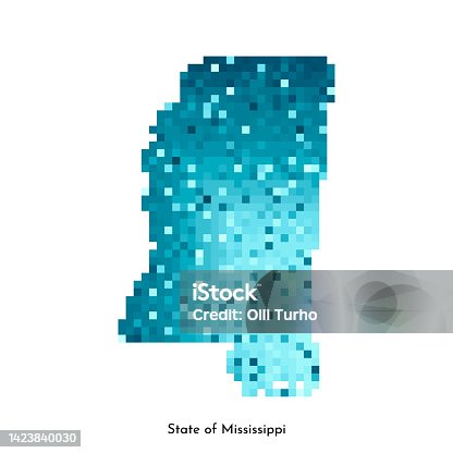 istock Vector isolated geometric illustration with icy blue area of USA - State of Mississippi map. Pixel art style for NFT template. Gradient texture 1423840030