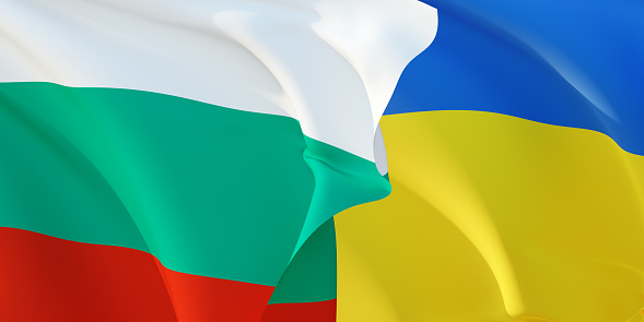 Bulgarian and Ukrainian flags flying in the wind. Bulgaria stand with Ukraine. 3D rendered image.