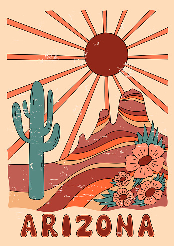 Arizona desert vibes t-shirt design with sun, mountain, flowers, cactus and lettering. Western desert design artwork for apparel, poster and others