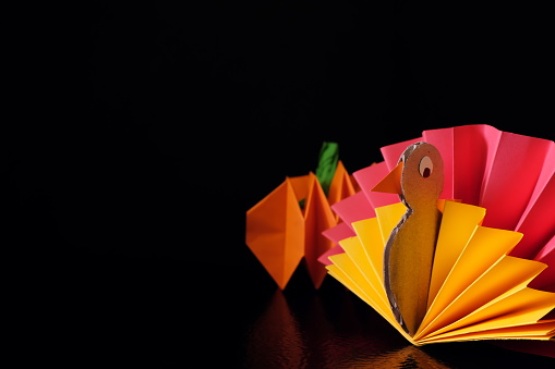 Thanksgiving day concept. Pumpkin and turkey bird paper craft in dark black background.