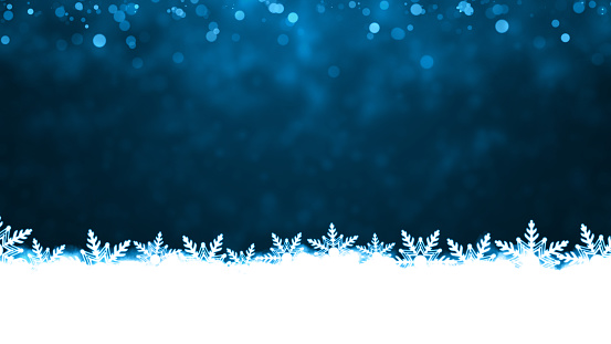 White colored snow and illuminated glowing snowflakes at the bottom edges or border of a dark blue horizontal backgrounds. Can be used as Xmas , New Year day celebrations background, wallpapers, gift wrapping sheets, posters, banners and greeting cards. Small glitter like or glittery dots shining at the top edge.