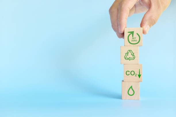 istock Net zero carbon emission target goal and CSR and ESG concept. Hand stacking wooden blocks with environmental conservation icons. 1423849671
