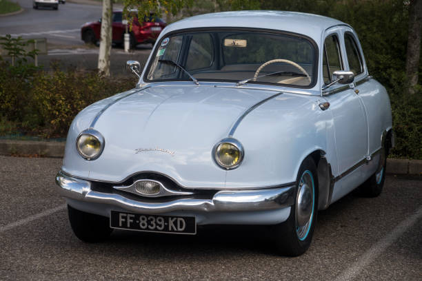 Front view of blue vintage Panhard car parked in the street stock photo