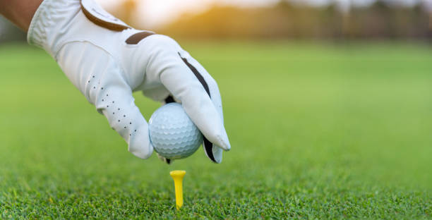 istock White golf ball on golf pin green grass near hole with golf course background , green tree sun ray 1423851499