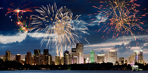 New year fireworks over Miami, Florida, USA.