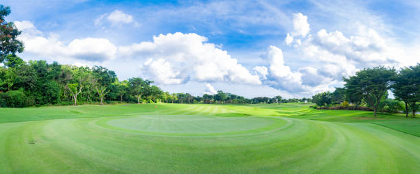 Beautiful green view at golf course ,green trees and mountain blue sky white cloud background