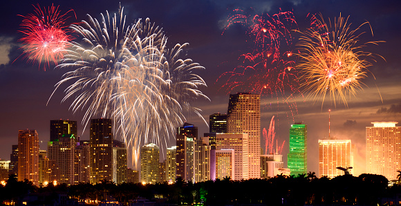 New year fireworks over Miami, Florida, USA.