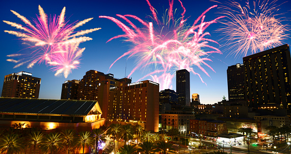 New year fireworks over New Orleans, Louisiana, USA.
