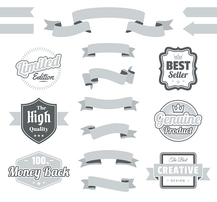 Set of Gray ribbons, banners, badges and labels, isolated on a blank background. Elements for your design, with space for your text. Vector Illustration (EPS10, well layered and grouped). Easy to edit, manipulate, resize or colorize.