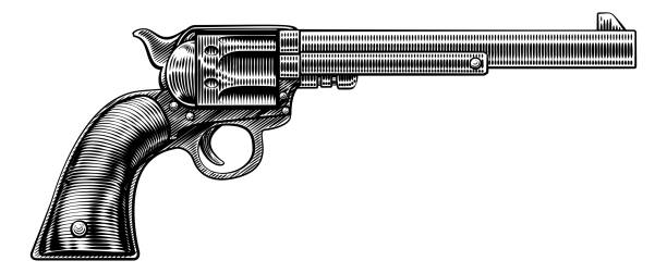 ilustraciones, imágenes clip art, dibujos animados e iconos de stock de western cowboy gun pistola revólver estilo xilografía - tattoo gun