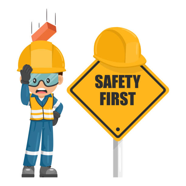 istock Work accident of brick falling on the head of industrial worker. Engineer with his personal protective equipment. Safety first sign. Industrial safety and occupational health at work 1423854725