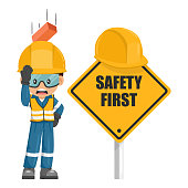 istock Work accident of brick falling on the head of industrial worker. Engineer with his personal protective equipment. Safety first sign. Industrial safety and occupational health at work 1423854725