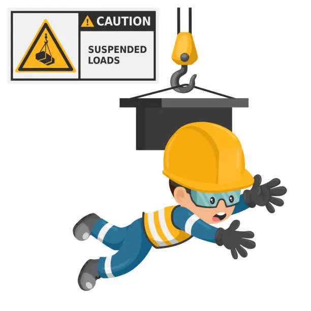 Vector illustration of Industrial worker with suspended loads hazard sign warning. Caution icon and pictogram. Work accident. Worker with personal protective equipment. Industrial safety and occupational health at work