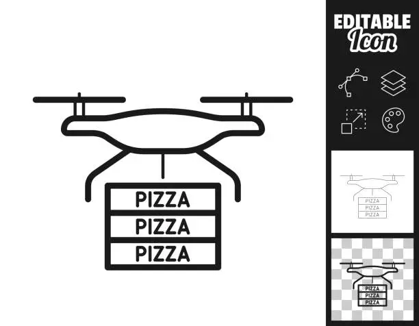 Vector illustration of food delivery drone with pizza. Icon for design. Easily editable