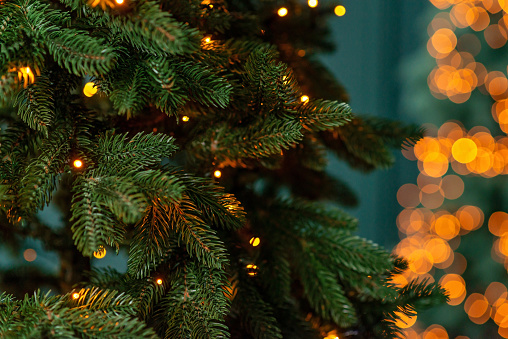 Fondo navideño, árbol de Navidad y luces bokeh borrosas mágicas en el fondo. Enfoque selectivo suave. Espacio de copia. photo