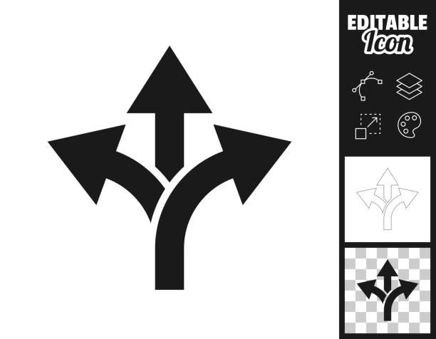 Three way direction arrow. Icon for design. Easily editable Icon of "Three way direction arrow" for your own design. Three icons with editable stroke included in the bundle: - One black icon on a white background. - One line icon with only a thin black outline in a line art style (you can adjust the stroke weight as you want). - One icon on a blank transparent background (for change background or texture). The layers are named to facilitate your customization. Vector Illustration (EPS file, well layered and grouped). Easy to edit, manipulate, resize or colorize. Vector and Jpeg file of different sizes. clip art of a forks stock illustrations