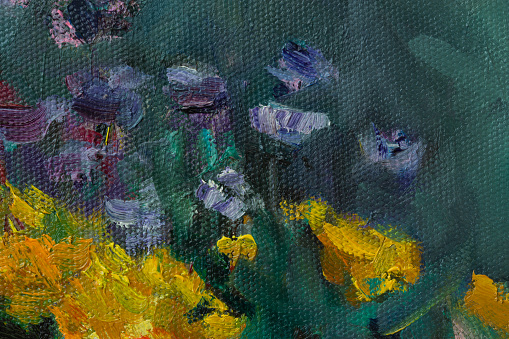 Abstract flowers oil painting. Summer evening floral background. Yellow and purple asters bloom in the garden. Author's illustration with oil paints on canvas. Unusual bright contrasting pattern.